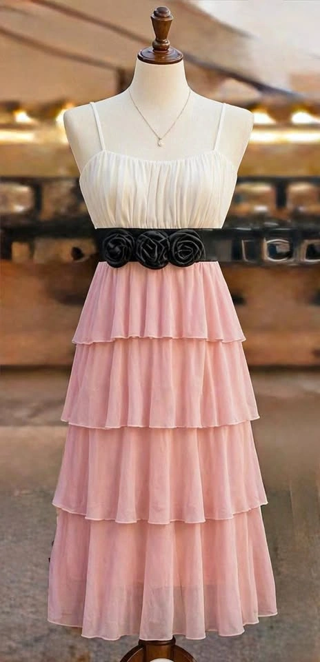White Pink Tiered Dress w/ Black Rosette Belt Size M