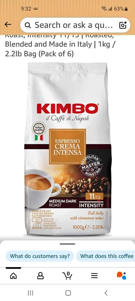Kimbo Espresso Crema Intensa Whole Bean Coffee 1kg