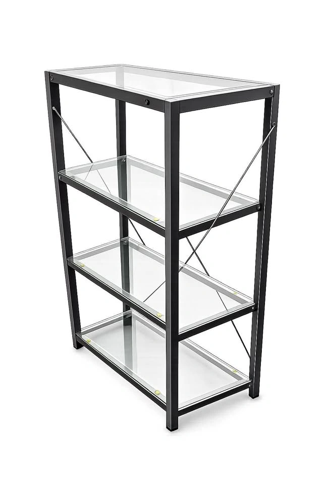 Modern Glass Shelf Unit – 4 Tier Metal Frame Storage Rack