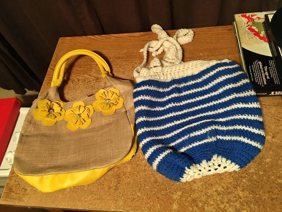 Avon Beige Yellow Snap Purse & Blue White Crochet Bag
