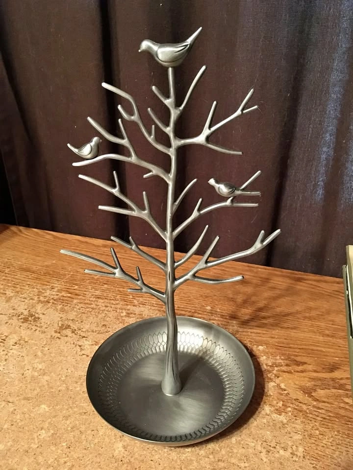 SILVER METAL 12" JEWELRY TREE BRANCHES BIRDS TRAY TRINKET DISH