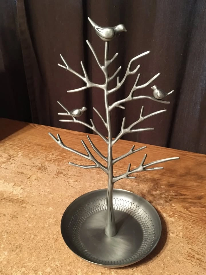 SILVER METAL 12" JEWELRY TREE BRANCHES BIRDS TRAY TRINKET DISH - photo 2