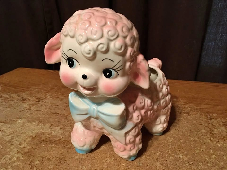 Vintage Nancy Pew Giftwares Pink & Blue Curly Lamb Easter Plante