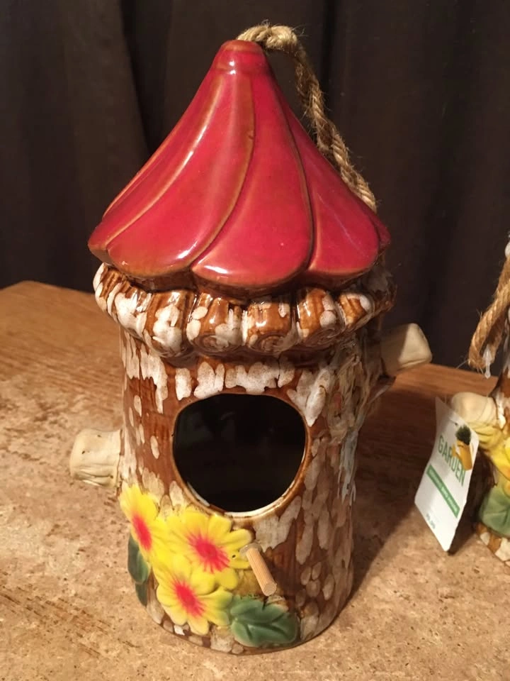 LOT OF 2 CUTE LOG TREE TRUNK YELLOW FLOWERS CERAMIC BIRD HOUSE B - photo 2