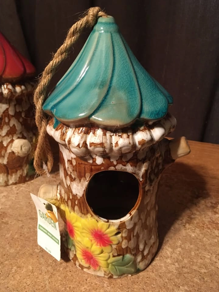 LOT OF 2 CUTE LOG TREE TRUNK YELLOW FLOWERS CERAMIC BIRD HOUSE B - photo 5