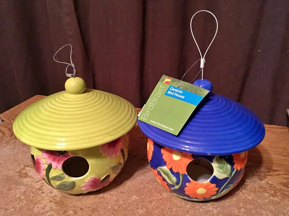 LOT OF TWO CAROUSEL CERAMIC BIRD HOUSE FLOWERS BLUE & GREEN BY B