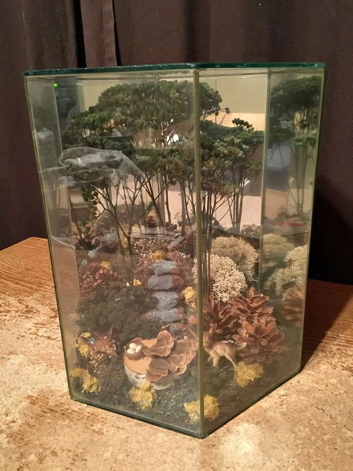 VINTAGE HANDMADE GLASS ATRIUM WITH DIORAMA OF LANDSCAPE FOREST P