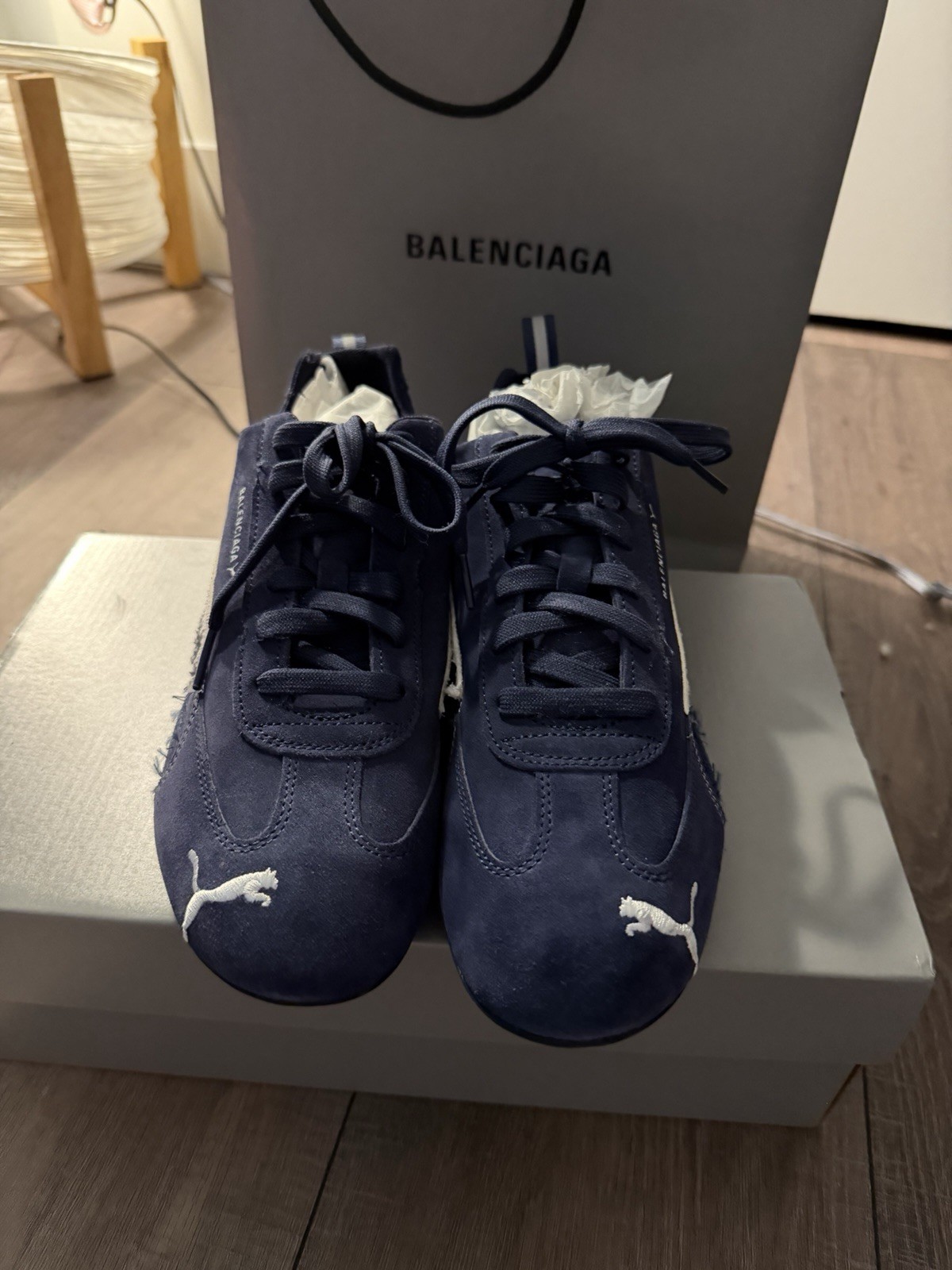 Balenciaga X Puma Men's Navy White Lace Up Leather Low Top Sneak