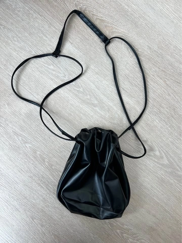 Black Faux Leather Drawstring Bucket Bag