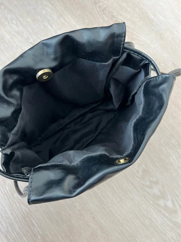Black Faux Leather Drawstring Bucket Bag - photo 4