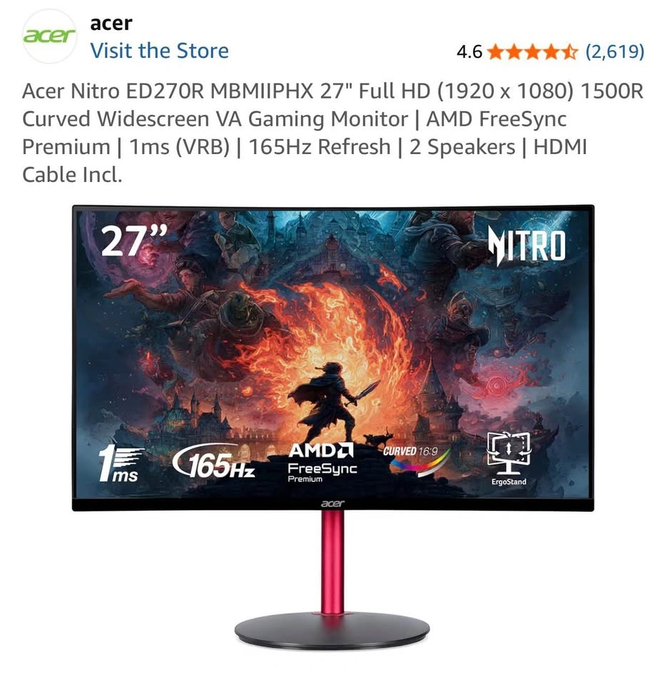 Acer Nitro ED270R 27” FHD Curved 165Hz Gaming Monitor - photo 3