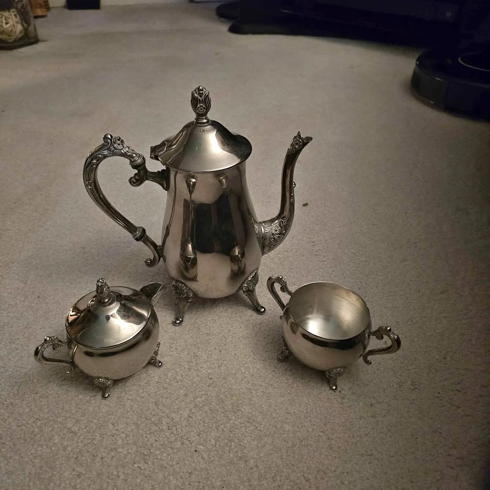 Silver Plated Tea Pot with Cream and Sugar Bowls
