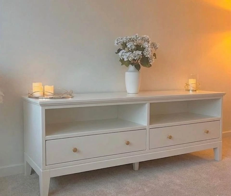 Modern White IKEA IDANÄS TV Stand with Brass Hardware - OBO