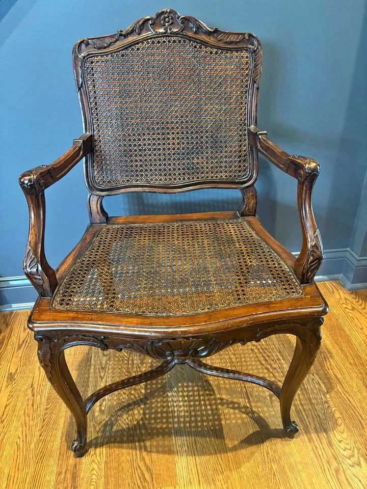 French Louis XV Style Open Armchair with Caned Seat and Back