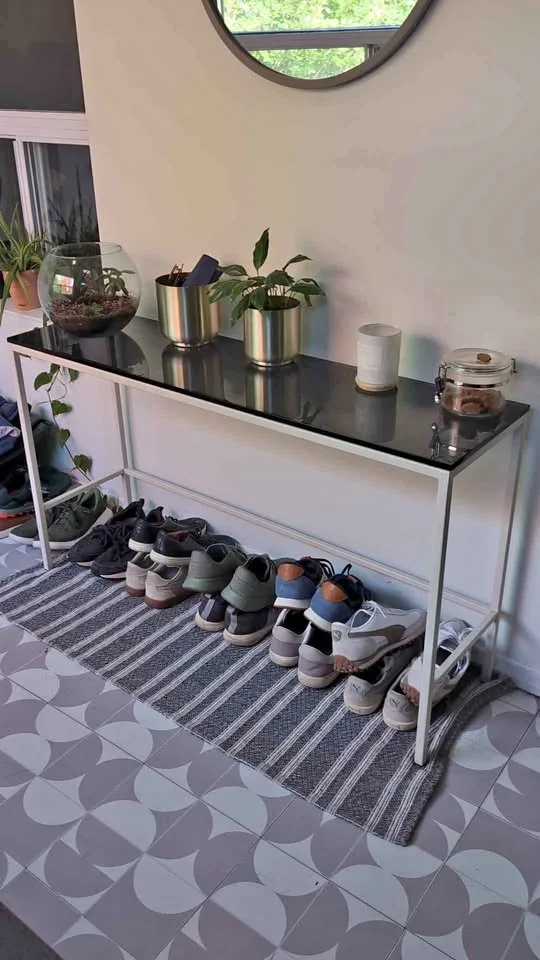 EQ3 Console table - smokey grey glass and white metal thumbnail