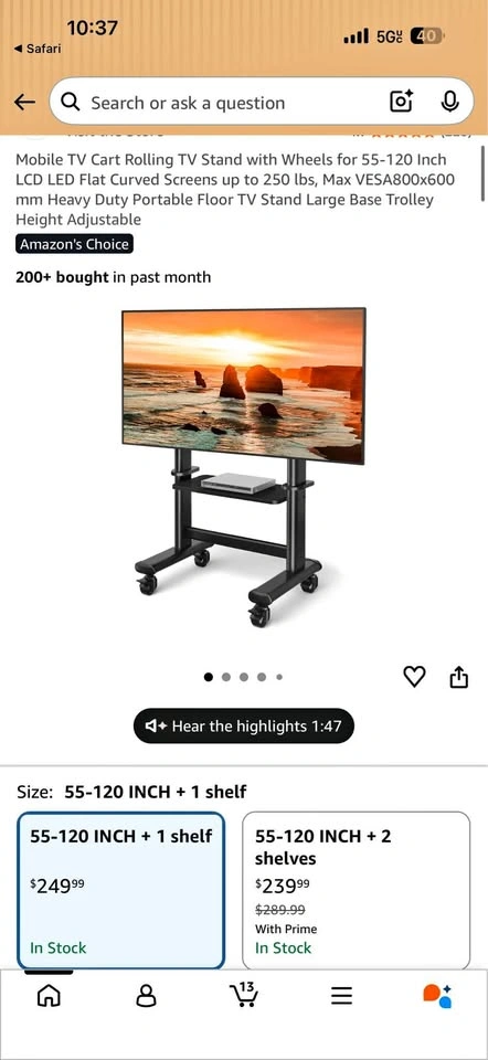 Mobile TV Cart Rolling Stand for 55-120 Inch Screens
