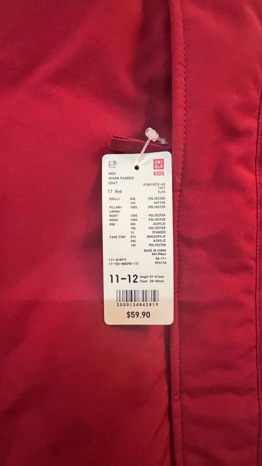 UNIQLO 11-12 kids unisex winter coat - Red - NEW with tags. - photo 4