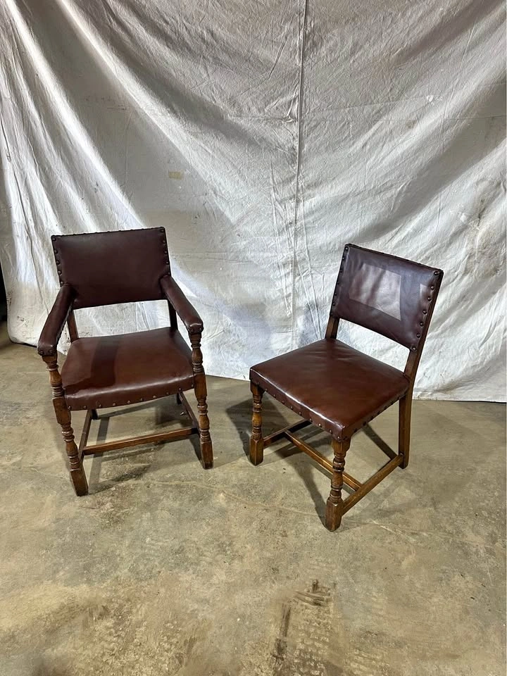8 Vintage Leather and Wood Chairs