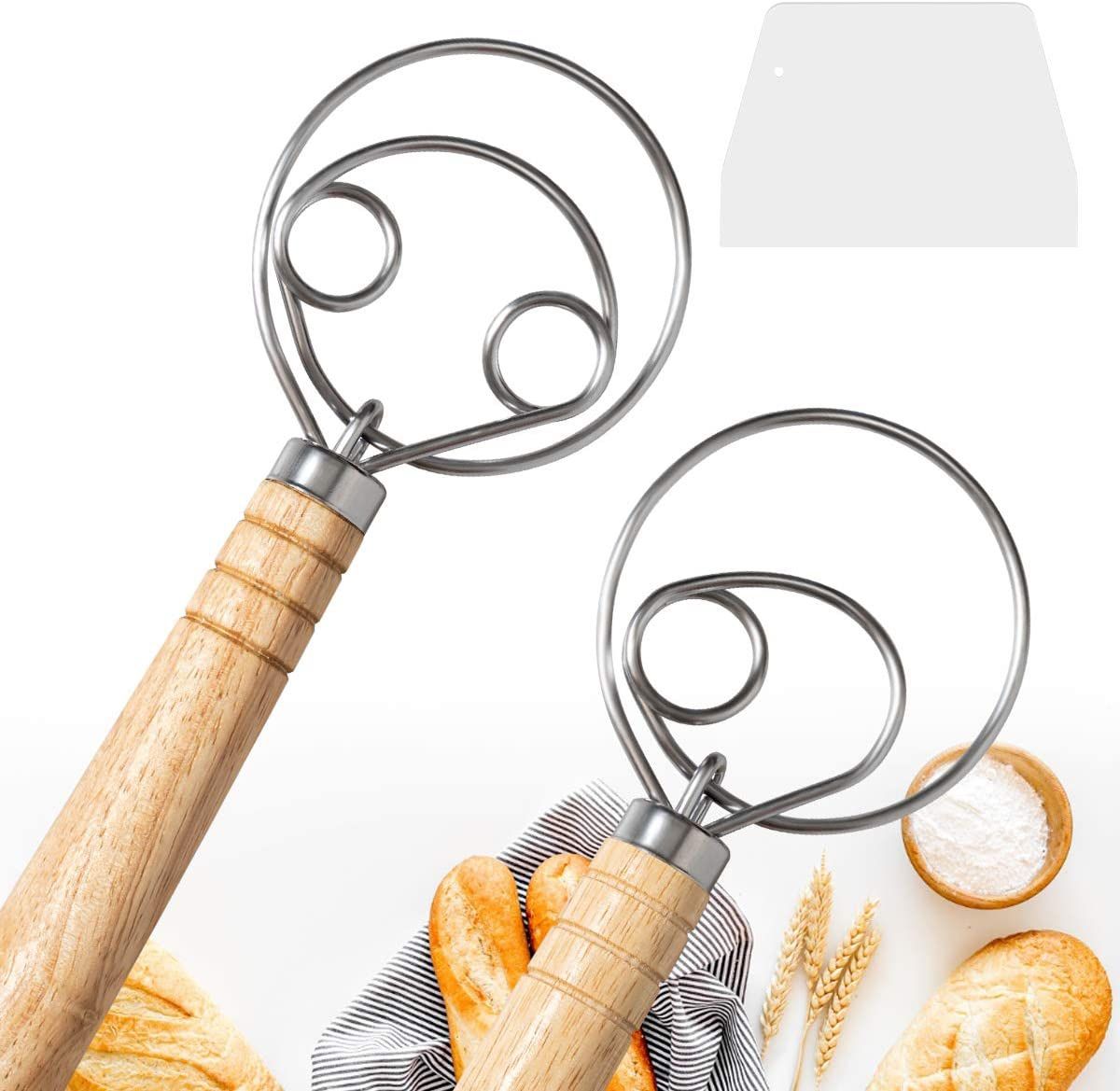 2 Pack DEMALO Danish Dough Whisk - 13.5" Wooden Handle