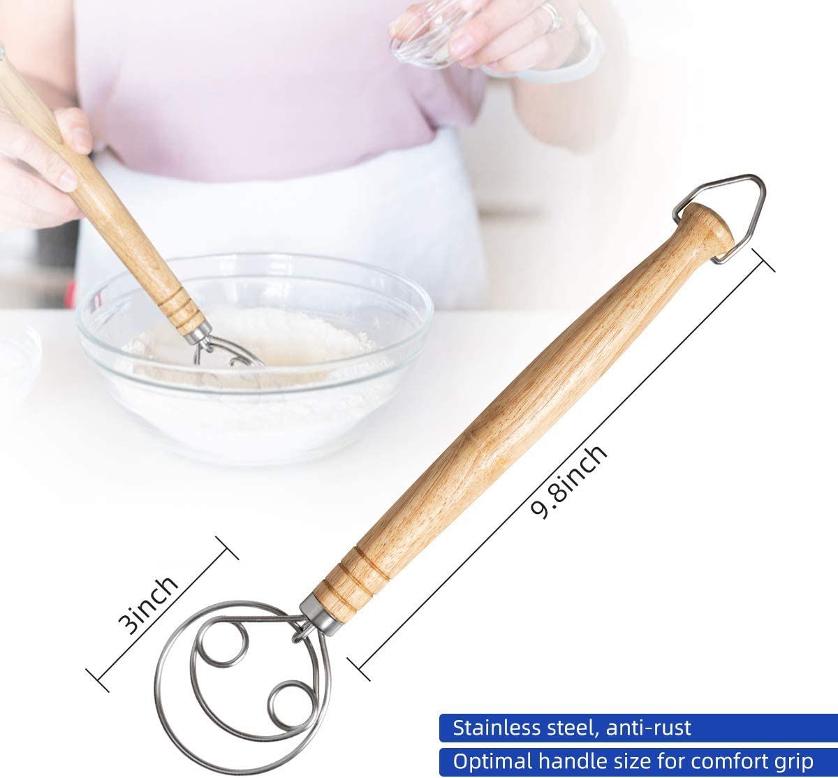 2 Pack DEMALO Danish Dough Whisk - 13.5" Wooden Handle - photo 3