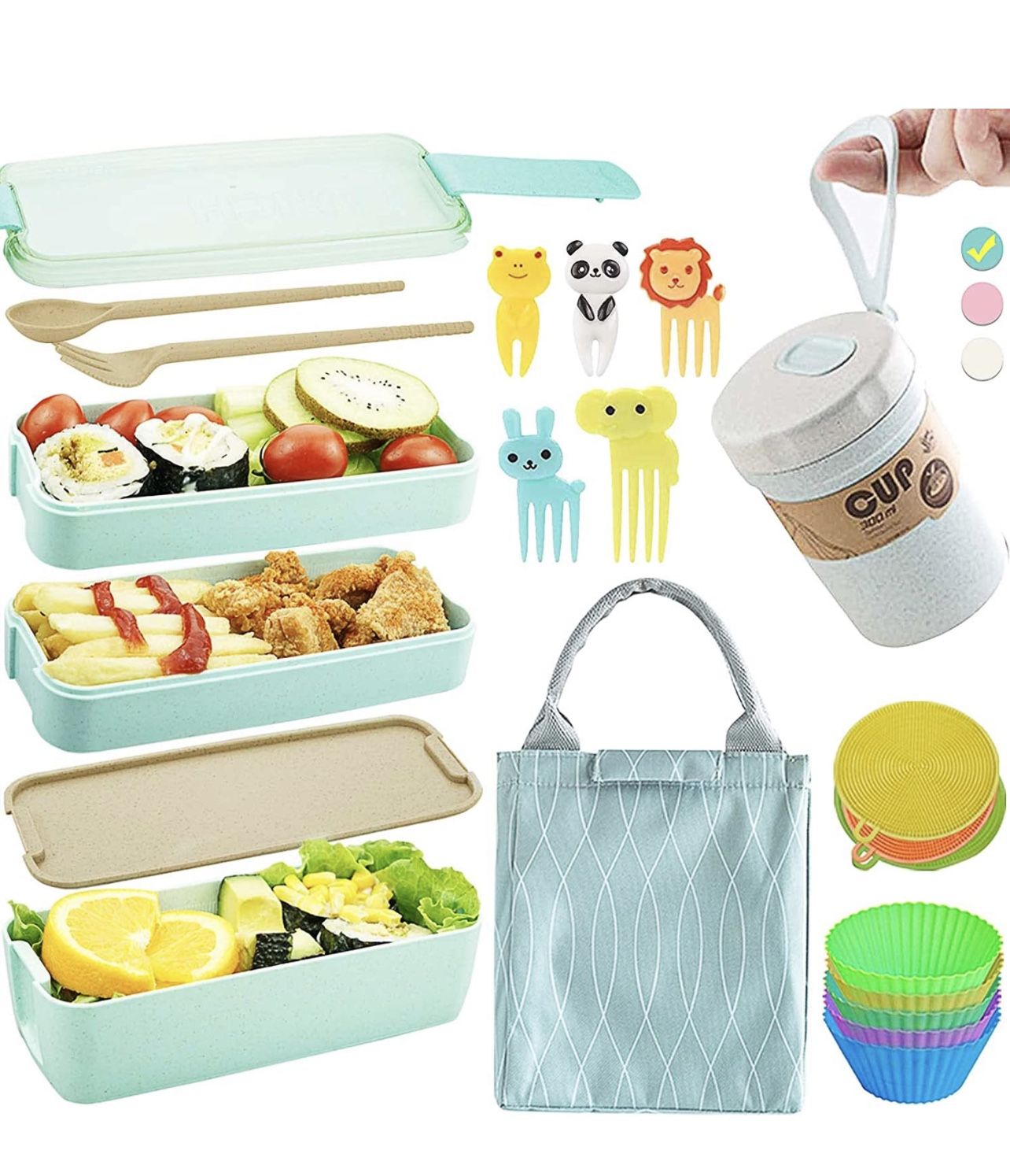 Bento Box Japanese Lunch Box Kit (11 PCS) 3-In-1 Compartment, Le