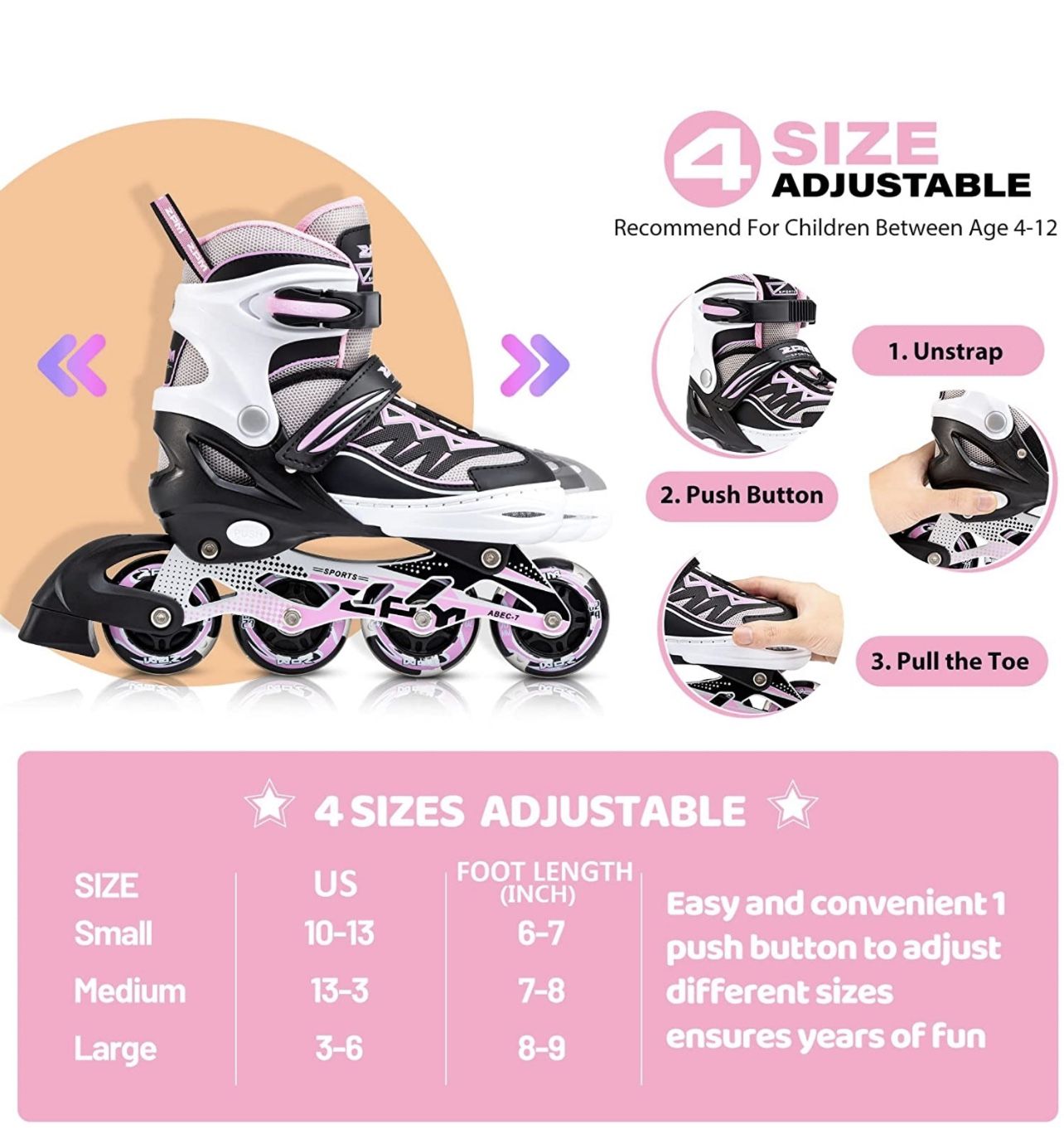 Girls Inline Skates with Light-Up Wheels - Size 10.5C to 13C - photo 2