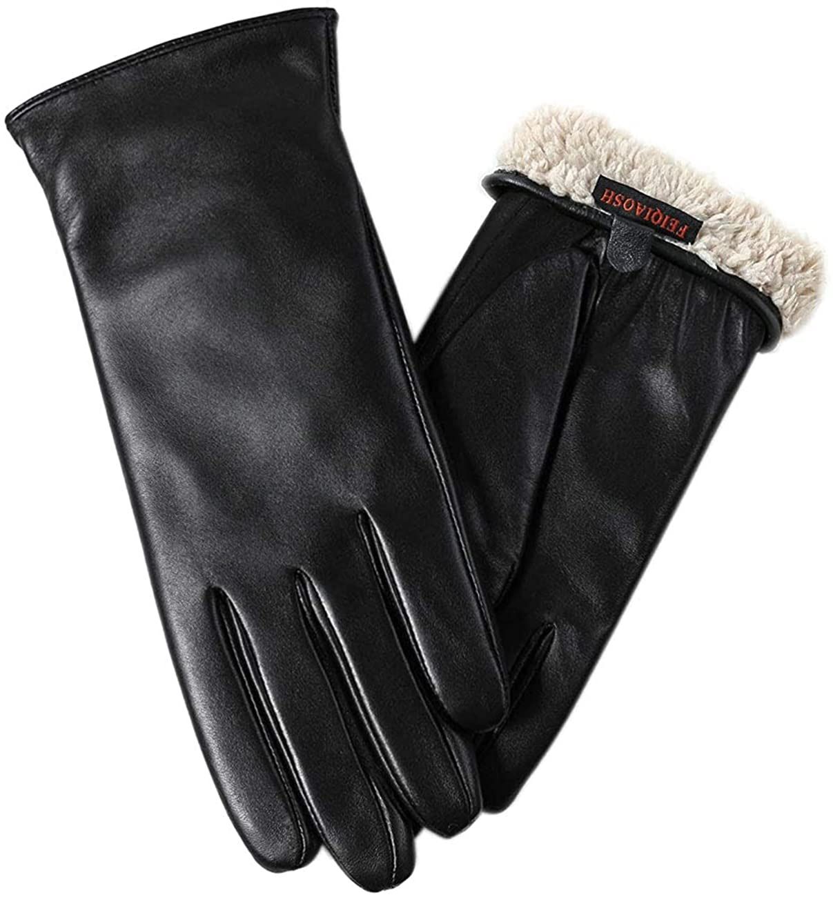 Women's Leather Gloves - Warm Fleece Lining, Touchscreen, Size S