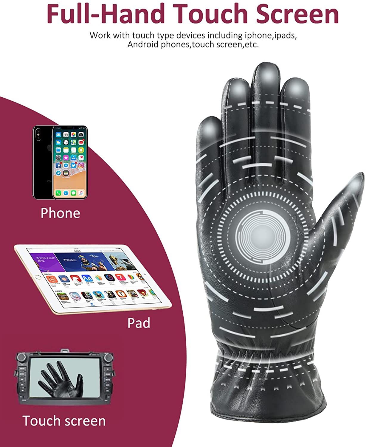 Women's Leather Gloves - Warm Fleece Lining, Touchscreen, Size S - photo 2