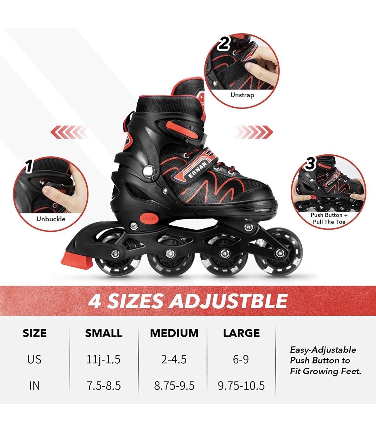 Adjustable Inline Skates For Big Kids (Size M, Red) - photo 2