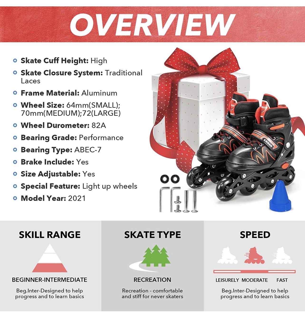 Adjustable Inline Skates For Big Kids (Size M, Red) - photo 4
