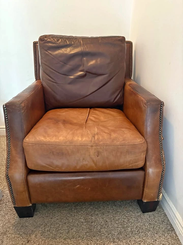 Vintage Luxury Brown Leather Armchair with Nailhead Trim
