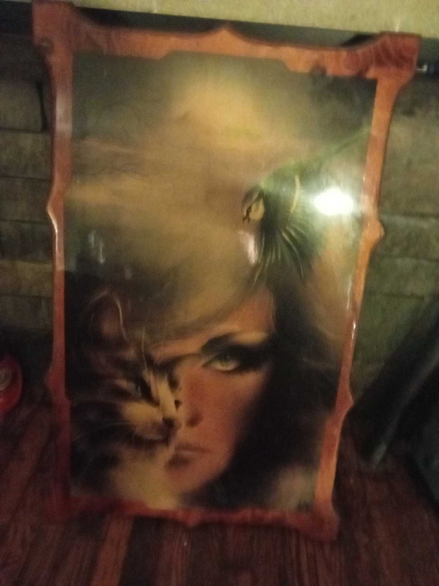 Vintage Wall Art - Woman with Cat and Bird, Wood Frame