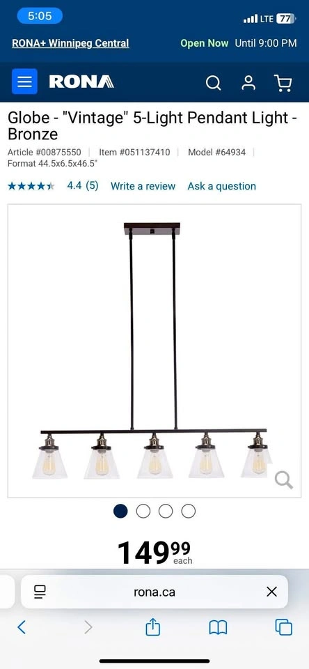 Globe Jackson 5-Light Pendant Light - Brand New Open-Box