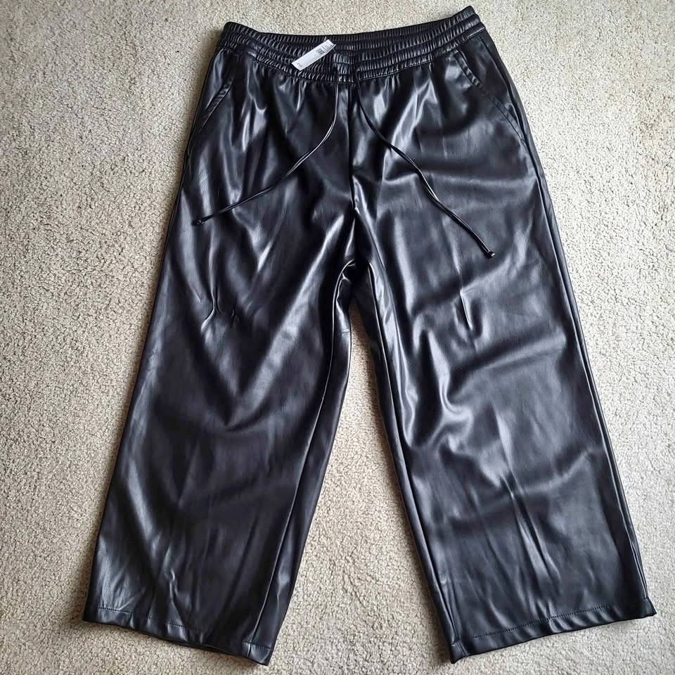 Gap Faux Leather Pants Pull On Elastic Waist Black High Rise Siz