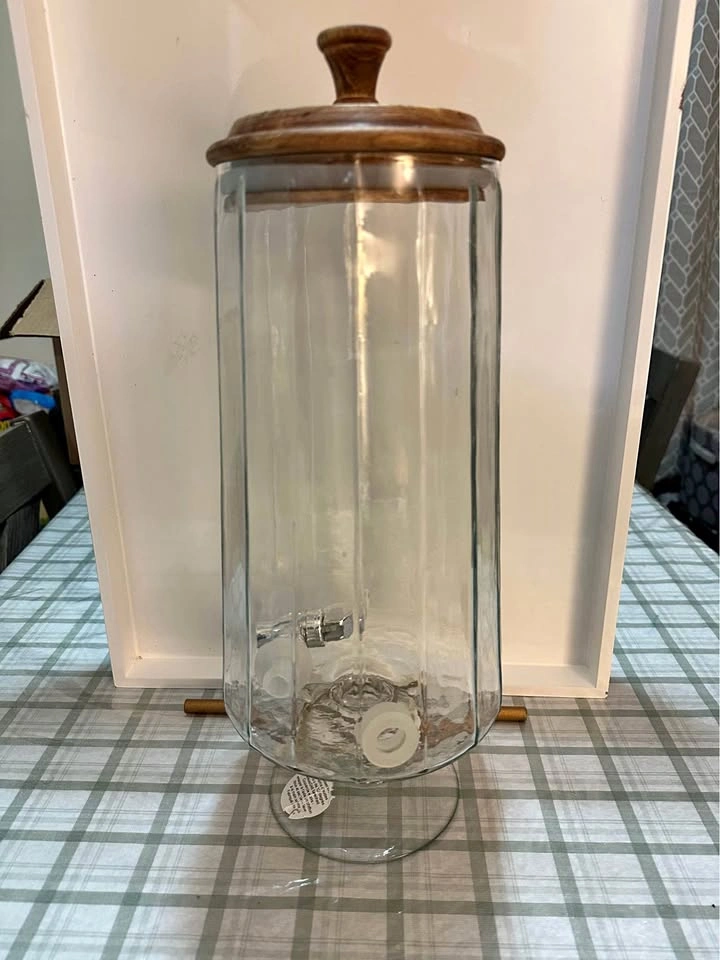 Glass beverage dispenser with wood lid n spigot