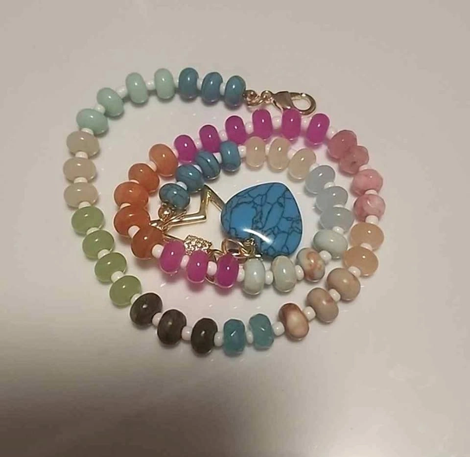 Multicolor Real Stones Necklace Blue Heart Charm Gold Plated 7in