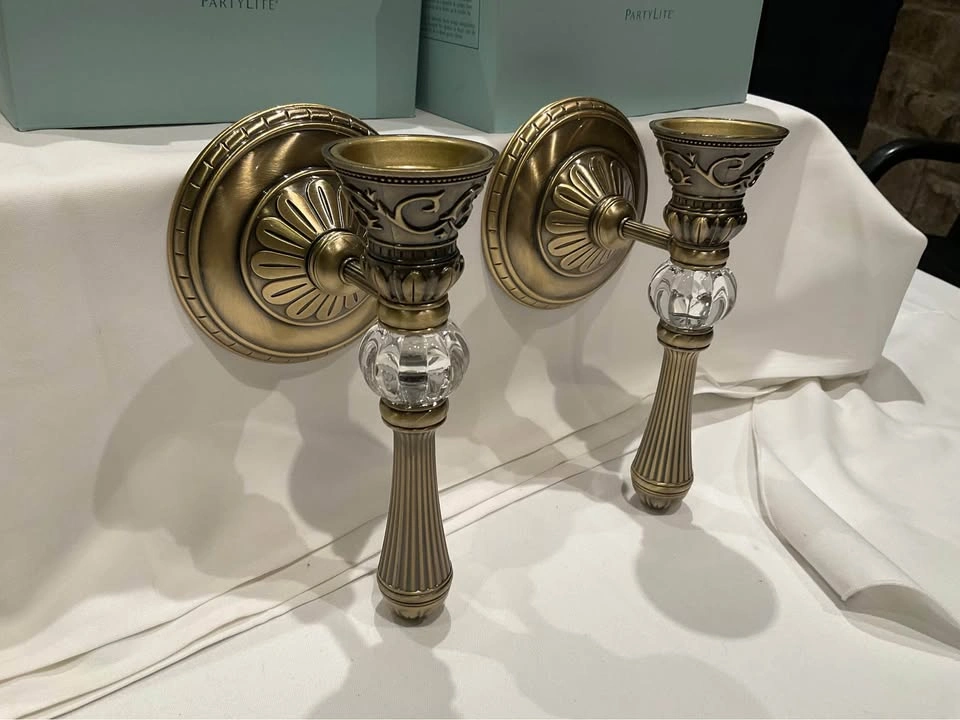 Partylite Satin Gold Wall Scones - Pair, New In Box - photo 3