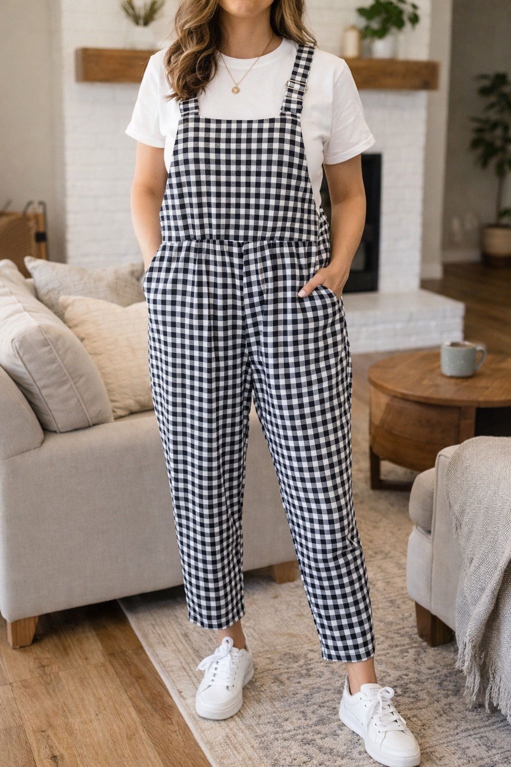 Black White Gingham Overalls 0XL Curve Adjustable Straps Pockets