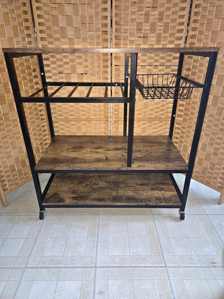 Rustic Industrial Kitchen Cart Baker's Rack w/ Wine Rack & Baske