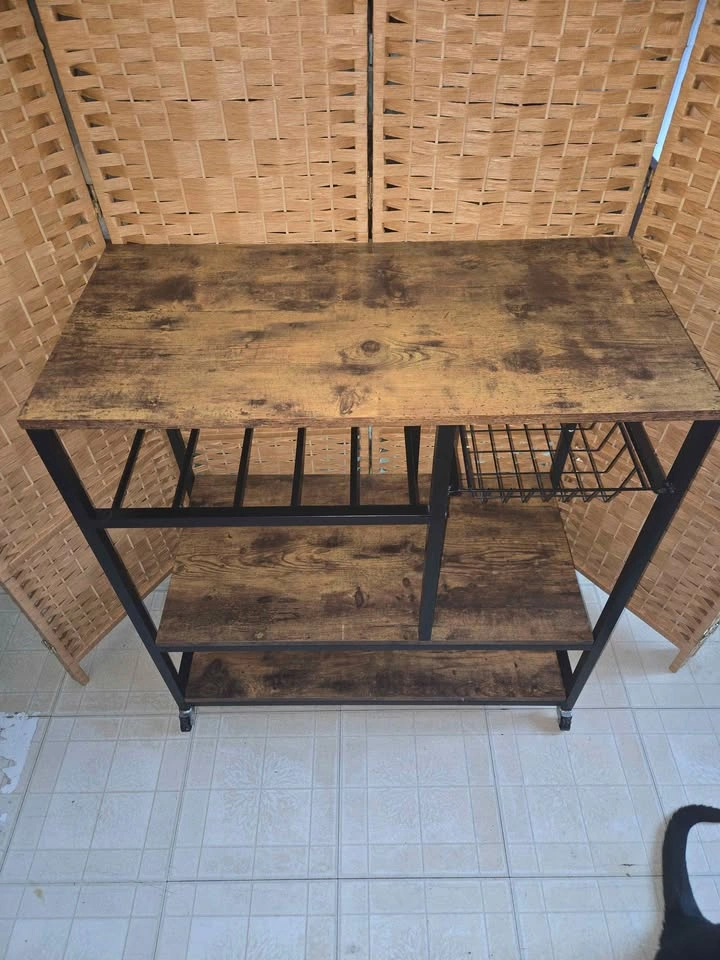 Rustic Industrial Kitchen Cart Baker's Rack w/ Wine Rack & Baske - photo 3