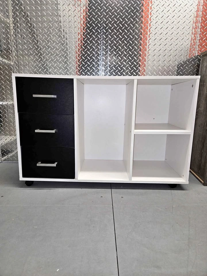 White and Black Storage Cabinet with Drawers and Shelves