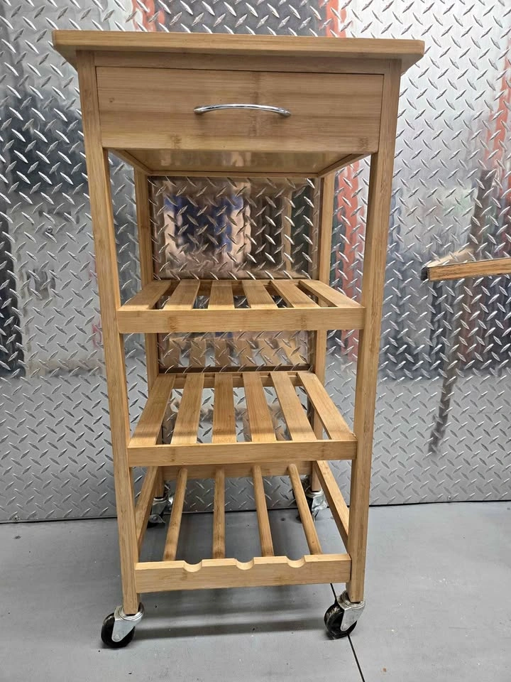 Bamboo Rolling Kitchen Cart with Drawer Shelves Wine Rack