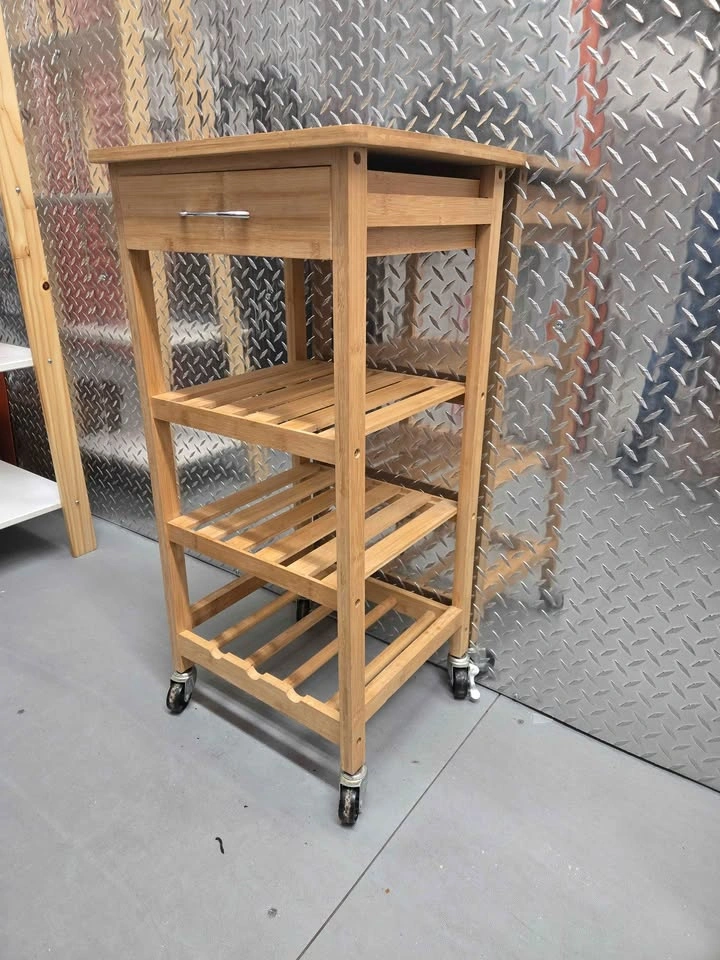 Bamboo Rolling Kitchen Cart with Drawer Shelves Wine Rack - photo 2