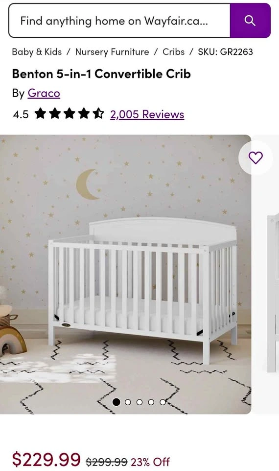 Brand New 5-in-1 Convertible Baby Crib + Free Mattress