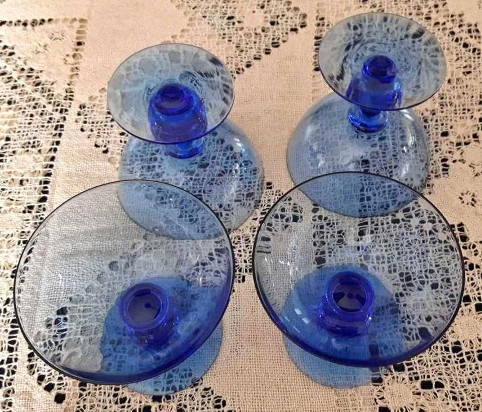 Vintage 4 Large Blue Glass Dessert Dishes