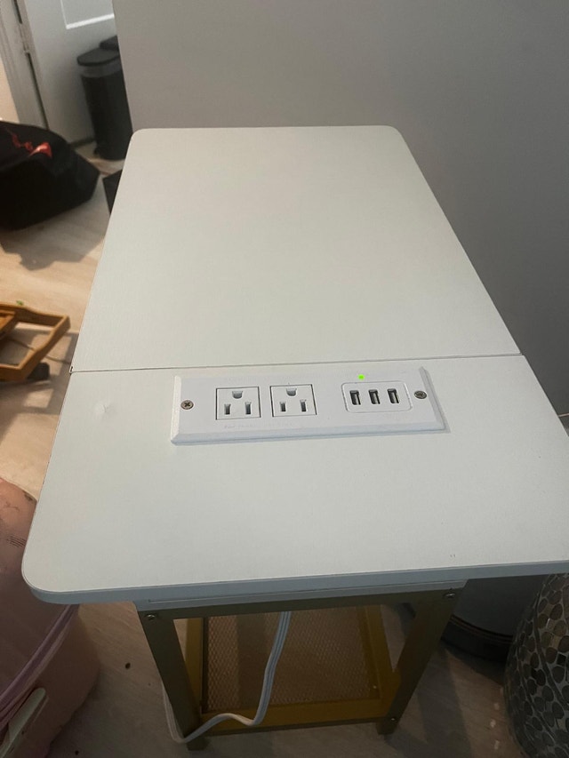 White/Gold Side Table with Drawer and Outlets