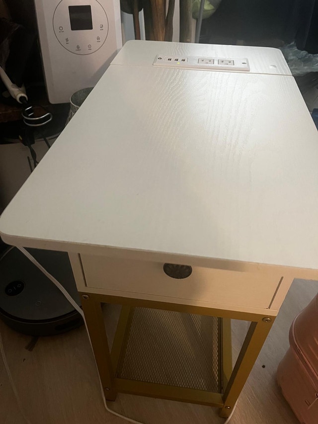 White/Gold Side Table with Drawer and Outlets - photo 2