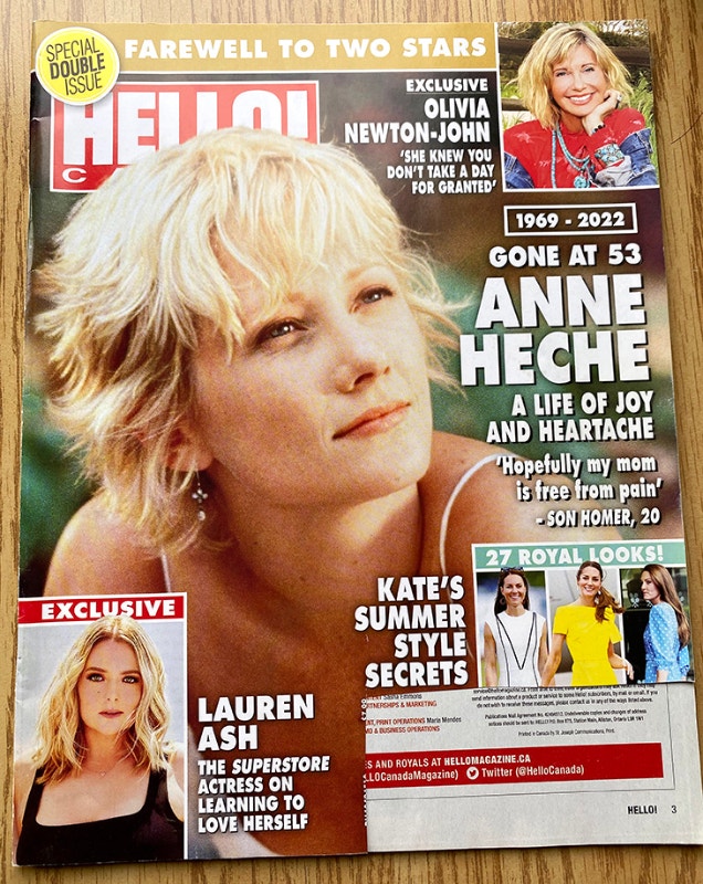 Hello Canada Magazine Anne Heche 5 Aug. 2022 Olivia Newton John