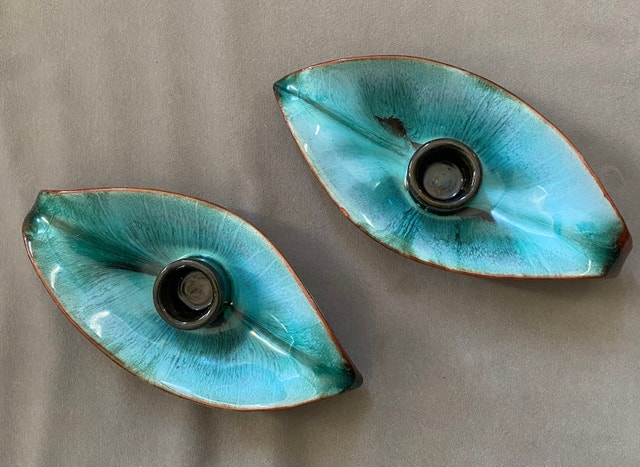 Two Vintage Blue Ceramic Candle Holders - photo 2