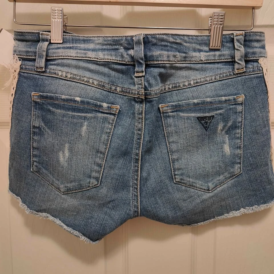 Y2K Guess Denim Cut-Offs | Lace Appliqué & Distressing | Size 26 - photo 2